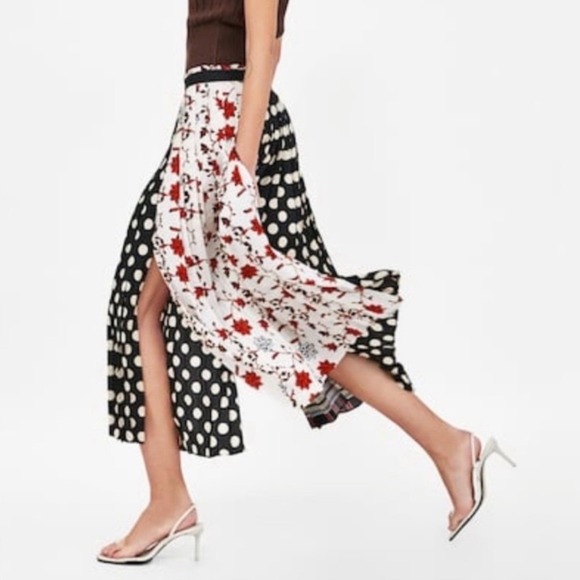 Zara Woman Mixed Print Pleated Midi Skirt Plaid Polka Dot Floral Black Red M - Picture 2 of 16
